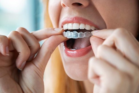 Woman inserting Invisalign over her top teeth